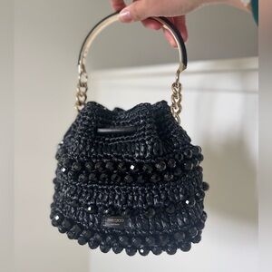 Black beaded raffia Jimmy Choo Bon Bon bucket bag w/ Strap